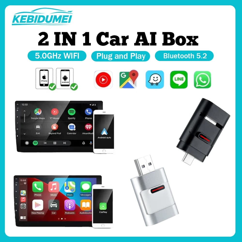 KEBIDUMEI 2IN1 Car AI Box Wired A Wireless Mini Carplay 5.0GHz WiFi Smart Dongle Plug & Play Android Auto Adapter
