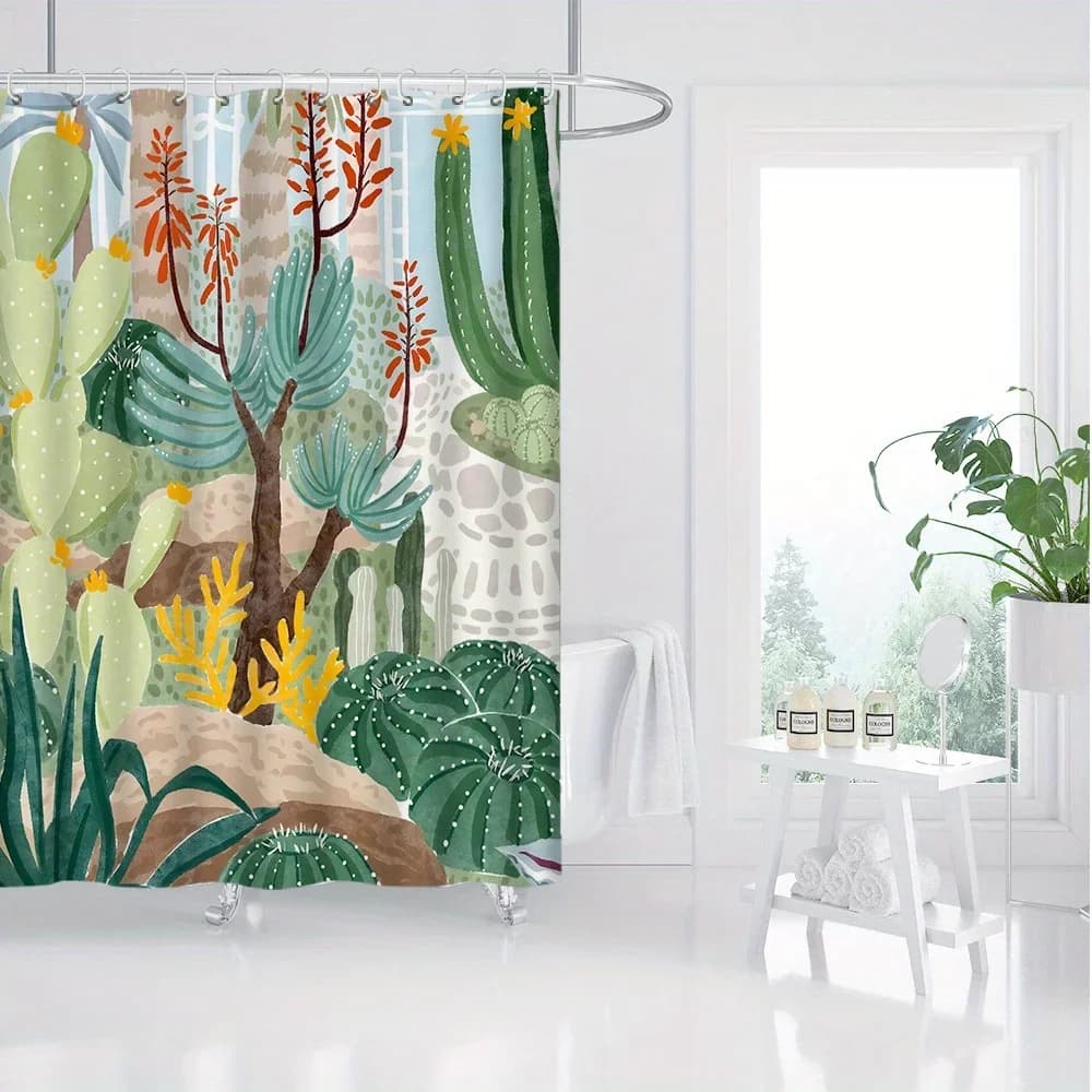 ~O~ Tenda da doccia con cactus e flora del deserto vibrante - Poliestere impermeabile, lavabile in lavatrice, include ganci, decorazione artistica per il bagno