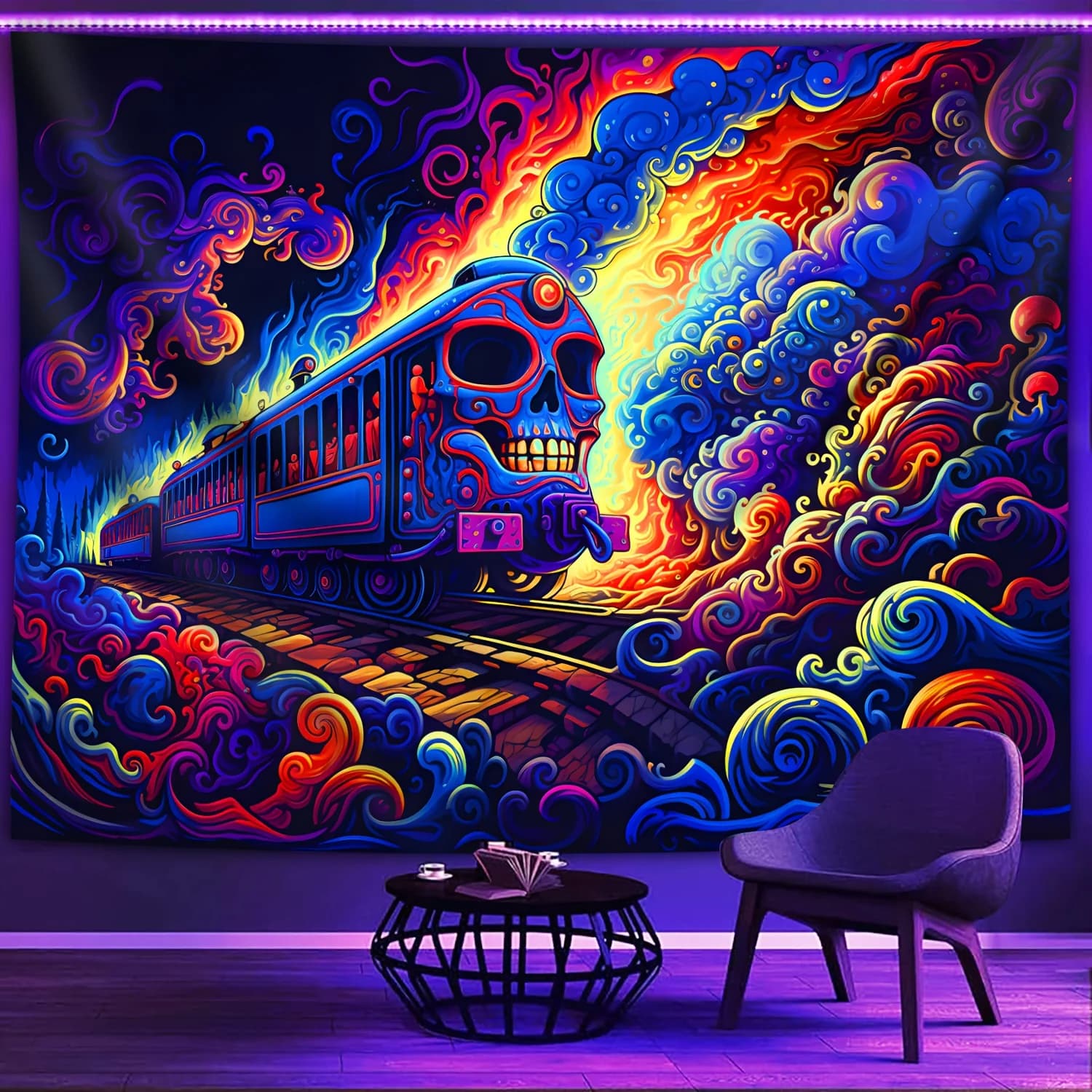 VIKAMA Fantasy Skeleton Train Tapestry Glowing Clouds and Mist Tracks Living Room Feature Wall Gaming Room Theme Decor