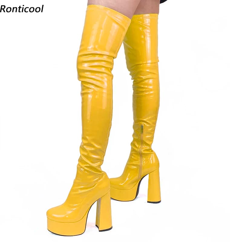 Ronticool Stivali da donna fatti a mano primaverili Stivali in vernice con cerniera laterale Tacchi con zoccoli Punta tonda Rosa Viola Scarpe da festa Donna Taglia USA 5-15