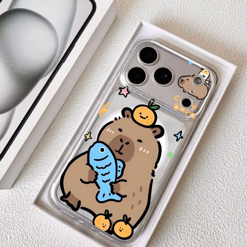 Phone Case Cartoon Capybara magnetic transparent for iPhone 17-12 Pro Max Plus, transparent thin cover for charging