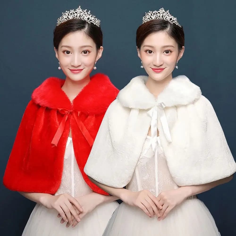 Stola avvolgente in peluche addensata invernale da donna bianca, lunghezza al gomito, scialle da sposa, mantello, giacca calda, coprispalle con nastro stringato