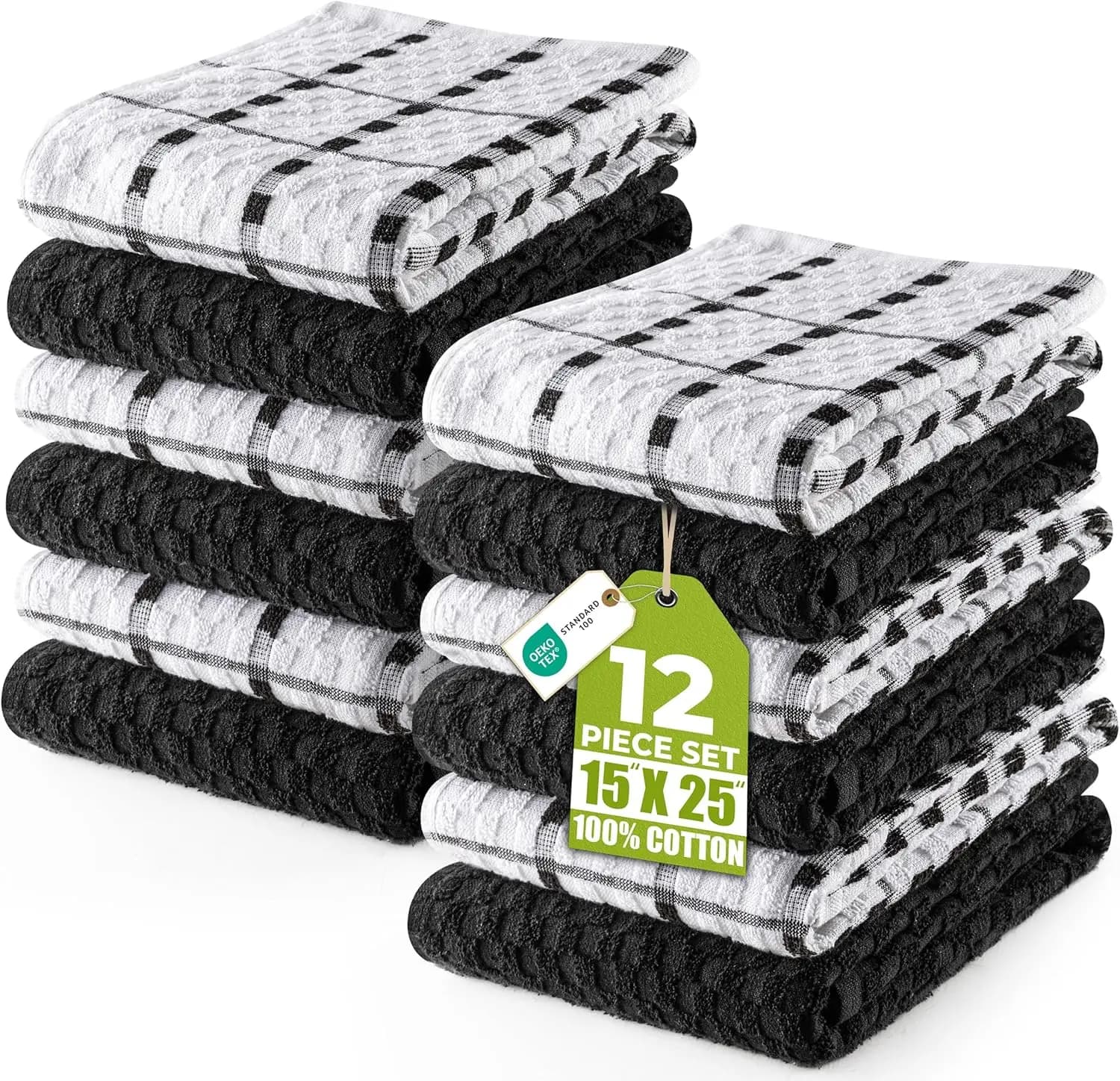 Set di 12 Asciugamani da Cucina, 15x25 Pollici, 100% Cotone Ring Spun Super Morbido e Assorbente, Set di Strofinacci per Piatti e Bar in Nero