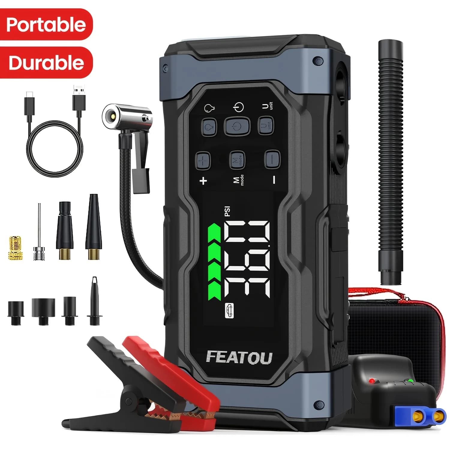 FEATOU High-Power 20000mAh Jump Starter with Air Compressor/Tire Inflator, 12VJumper Box for Car(All Gas/3.7gal Diesel), 9in 1 Portable Jump Starter Power Pack, Jump Starter Battery Pack, Heavy Duty Jump StarterSuitable for Large SUVs And Pickup JUYHGV