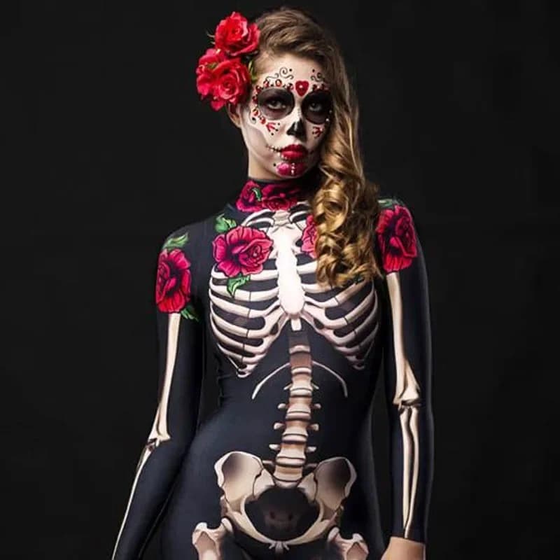 Rose Skeleton Adult Scary Costume Halloween Dress Cosplay Sexy Jumpsuit Carnival Party Rompers Day of The Dead