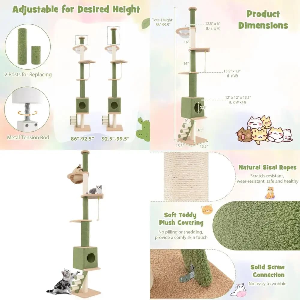 Torre per Gatti a 5 Livelli Regolabili in Altezza, 86-99,5 cm, con Capsula Spaziale, Cuccia, Pali in Sisal e Scala a Corda