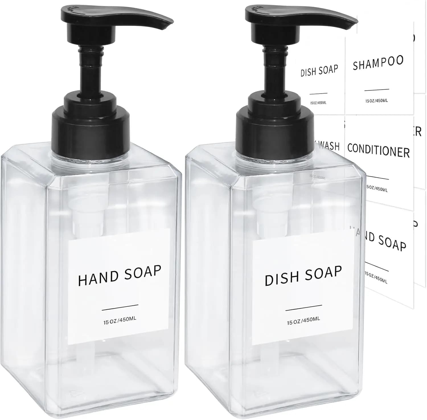 Thickened Plastic Soap Dispenser with Waterproof Labels for Bathroom Kitchen, 15oz 2Pack Clear with Funnel