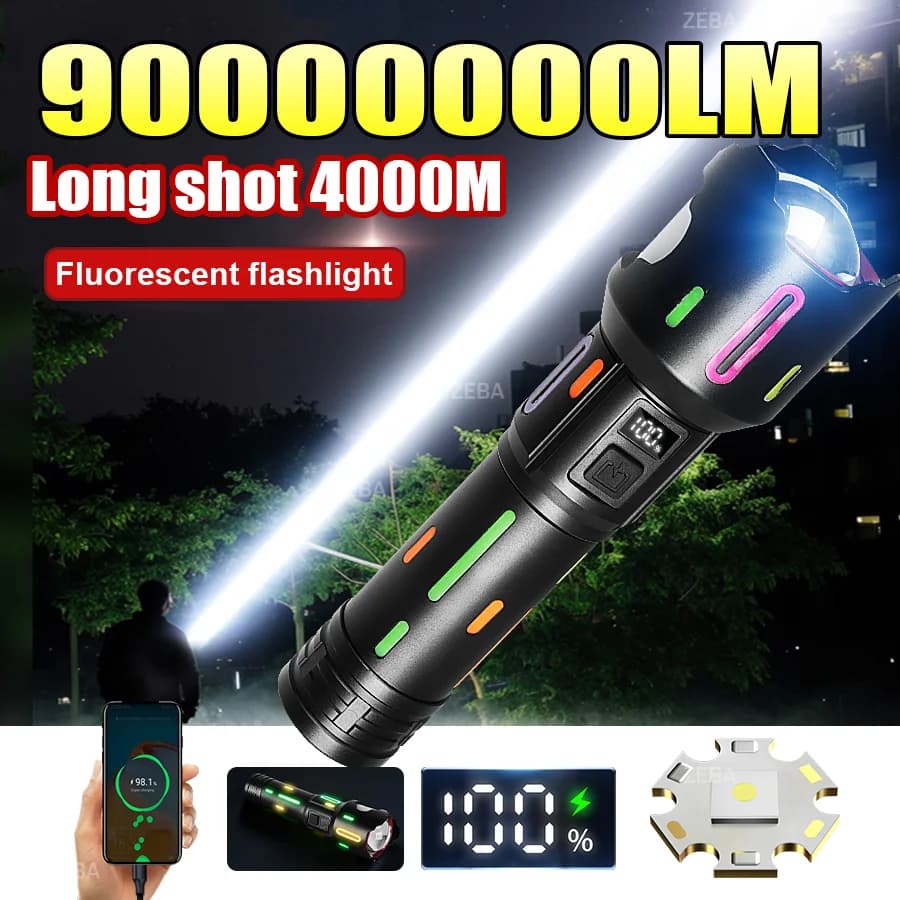 Torcia LED Ultra Luminosa 900000000LM con Display di Potenza, Ricaricabile, Zoomabile, 5 Modalità, Lampada da Campeggio Più Potente