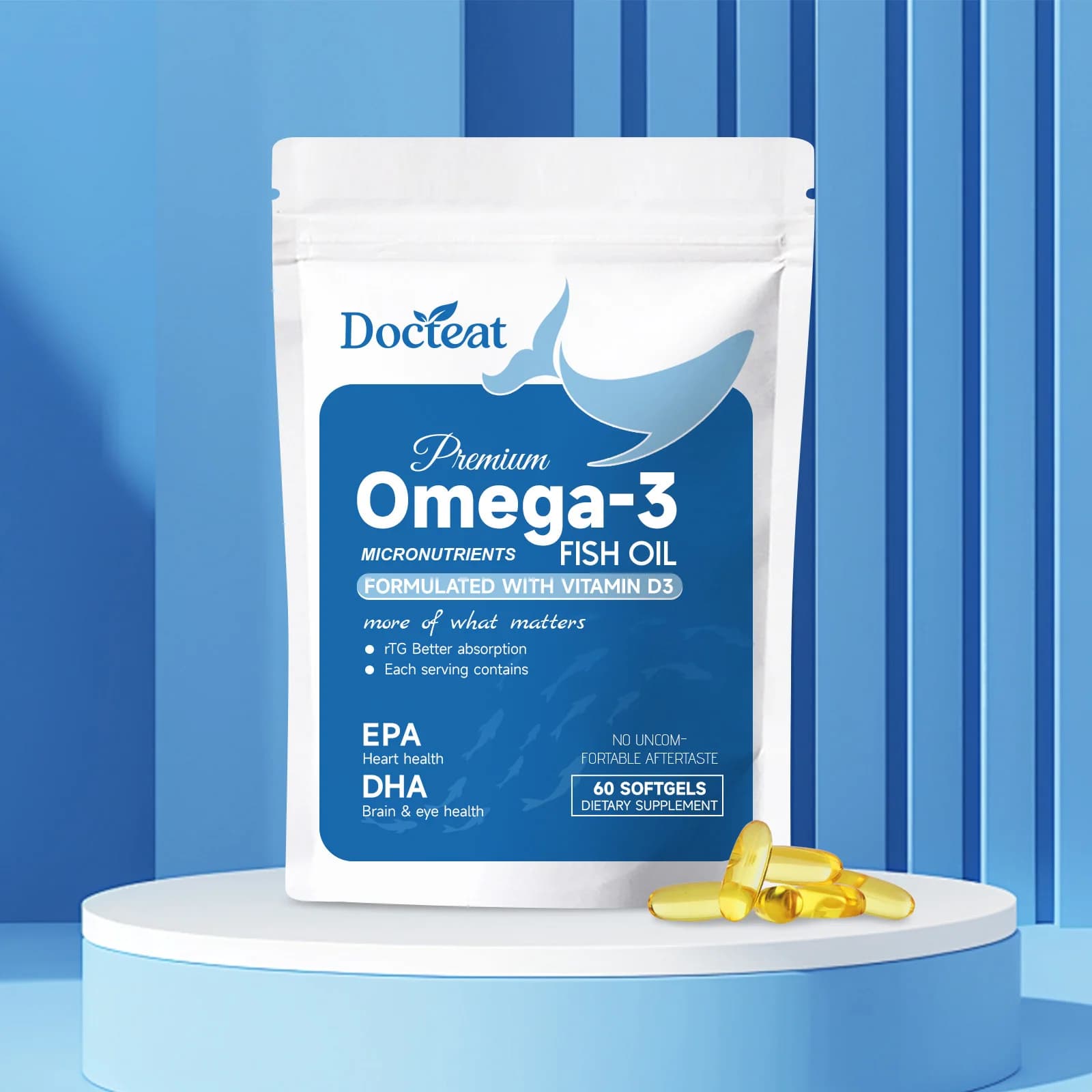 Omega-3 Fish Oil Supplement - EPA+DHA Rich, Supports Heart Health, Brain and Articulations, Antioxidant, 60 Capsules