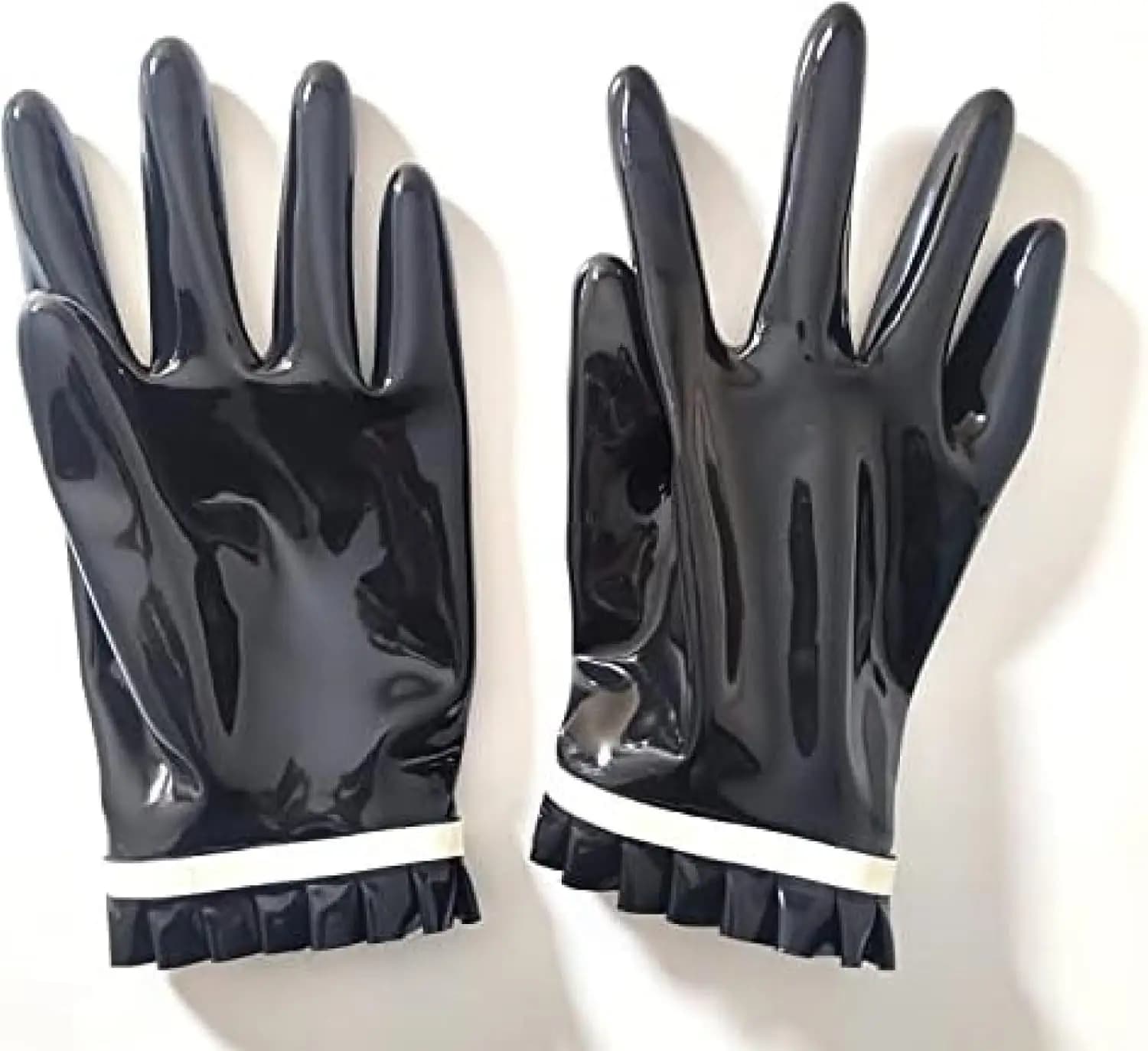 Black Latex Short Gloves with Pleated Lace Edges 0.4mm