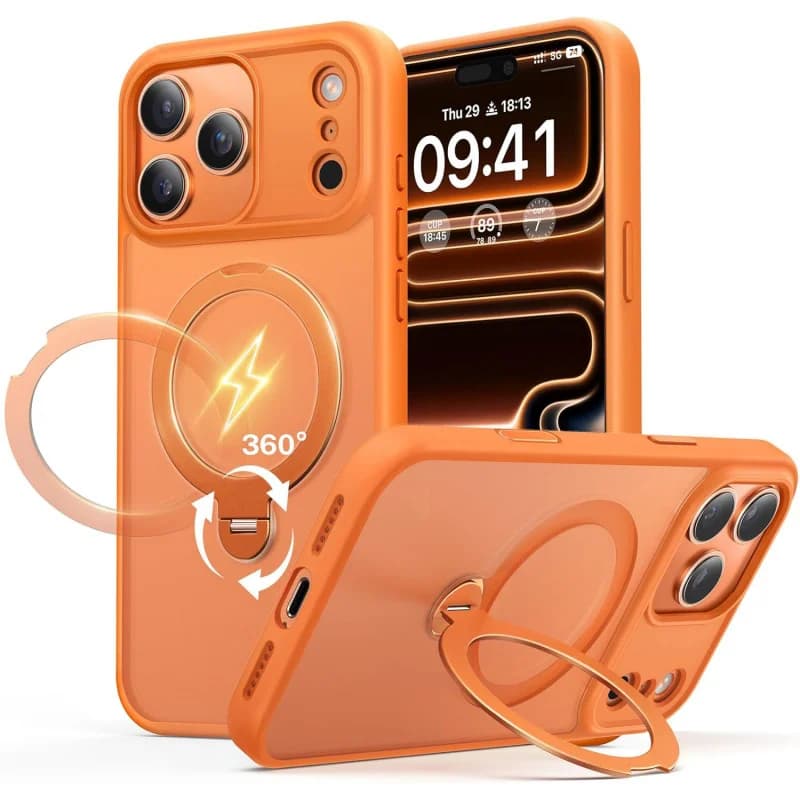 Custodia Magnetica Girevole con Anello di Supporto per iPhone 17 Pro Max 16 15 14 13 12 Plus, Cover Trasparente Satinata