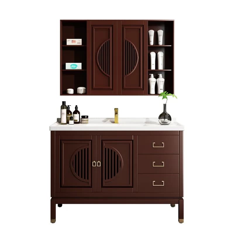 Mobile bagno in legno massello stile cinese, nuovo, con lavabo in ceramica integrato e specchiera, combinazione per il lavaggio a terra del bagno