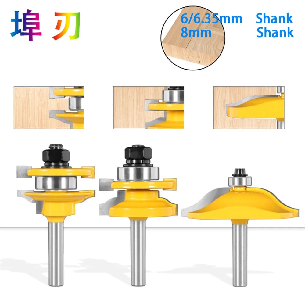 6mm/6.35mm/8mm Shank 3Pcs Big Cabinet Rail & Stile Tenon Router Bit Set Door Cabinet Panel Raiser Ogee Wood Milling Cutter LT053