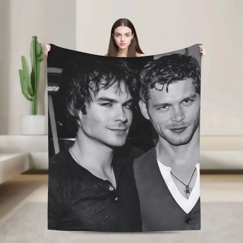 VIKAMA Black White TVD Damon Klaus Blanket Vampire Diaries Actor Portrait Print Soft Warm Teen Dorm Couch All Season Throw
