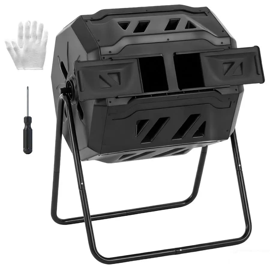 Composter da Esterno da 165 Litri, Composter a Doppia Camera con Guanti, Contenitore per Compostaggio Efficiente con Rotazione a 360° per Giardino