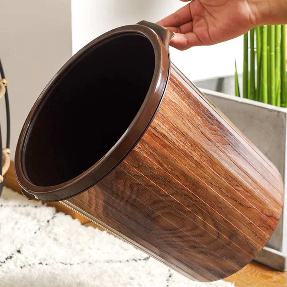 Imitation Wood Grain Trash Can Pressure Ring Plastic Garbage Container Lightweight Household Kitchen Office Use