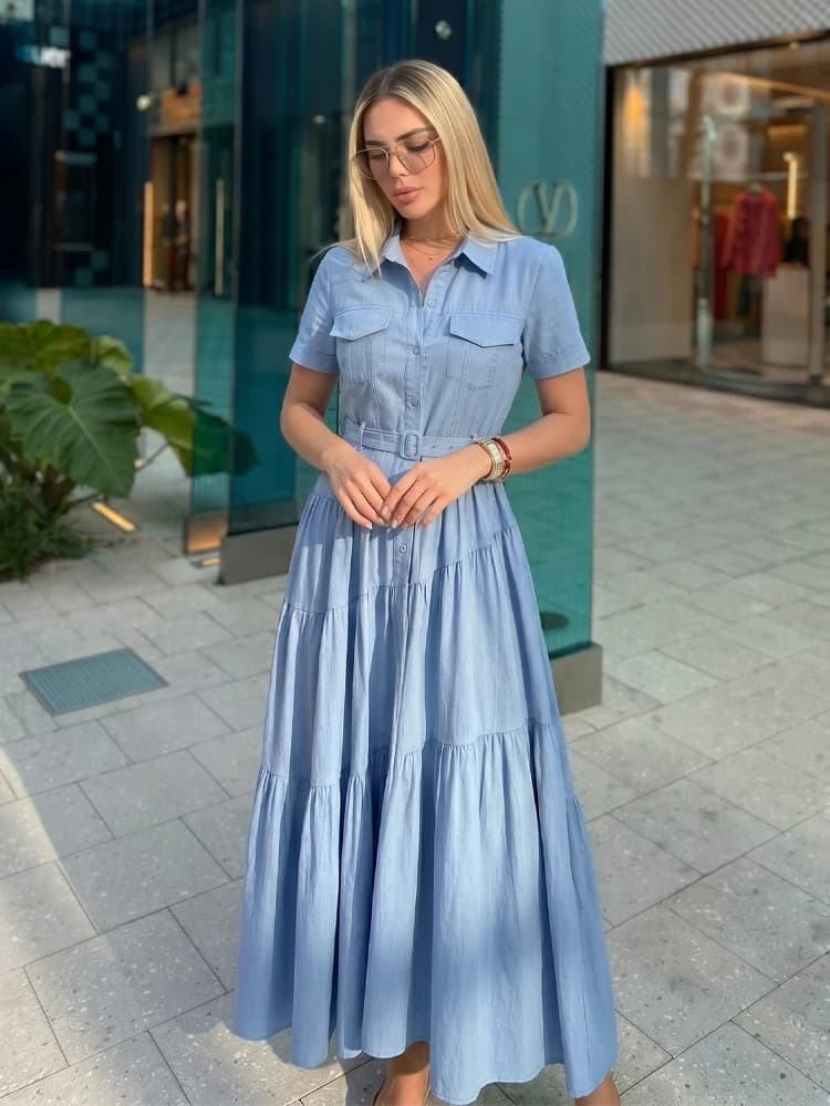 HH Abito Elegante da Donna Blu Plissettato con Colletto Classico, Maniche Corte, Tasche e Cintura in Vita – Perfetto per la Primavera, l'Uso Quotidiano e lo Streetwear
