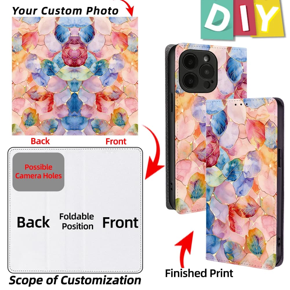 Custodia a Portafoglio Personalizzabile con Stampa Foto per iPhone 17 Pro Max, iPhone 16, 15, 14, 13, 12, 11 Pro Max, 16 Plus, 16E, Air - Cover Flip in Pelle PU Fai da Te