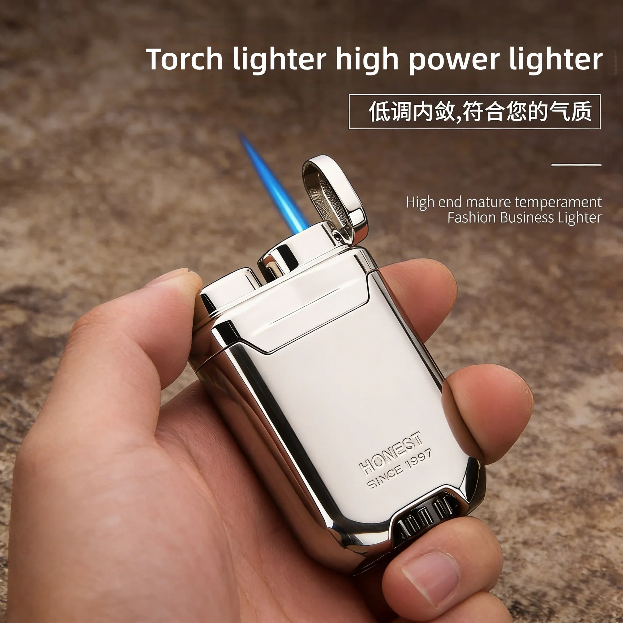 HONEST New Creative Blue Flame Torch Lighter Metal Plating Turbine Windproof Butane Lighter High-end Gift Men's Smoking Tools