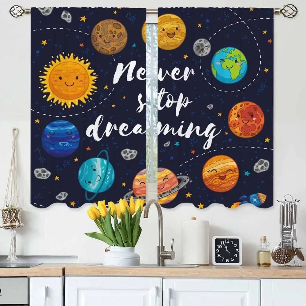 Tende da cucina con pianeti, gruppo stellare, sistema solare, luna, comete, sole e frasi, tende corte a strati per bagno, caffetteria, finestra piccola
