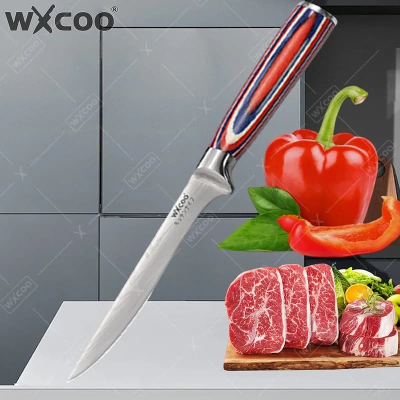 WXCOO Coltello da Disosso da 6 Pollici in Acciaio Damascato, Coltelli da Cucina Professionali, Mannaia per Carne, Coltello per Pesce con Manico in Legno, Accessori da Cucina