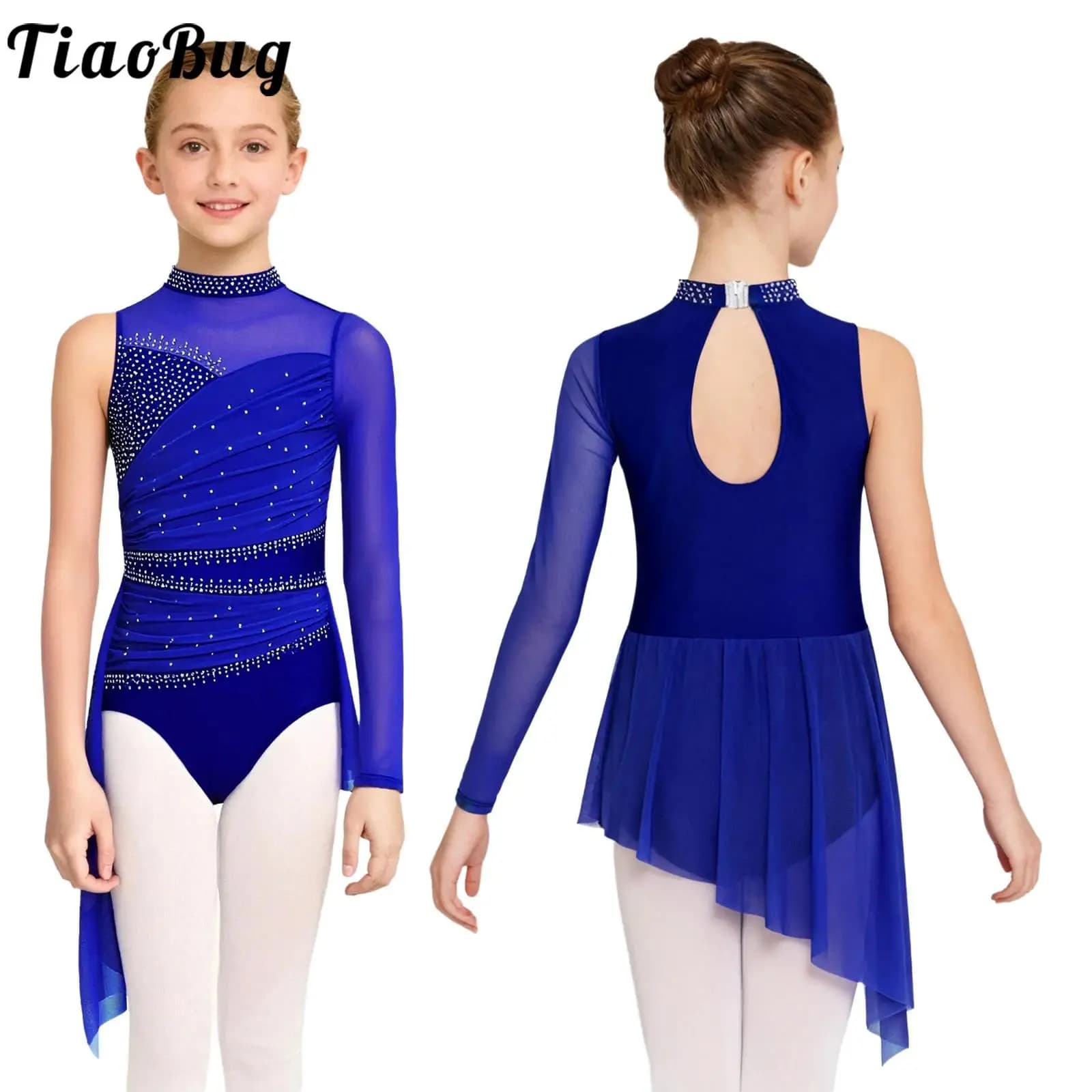 Body da Danza Lirica per Bambine e Ragazze, Abito da Balletto Artistico per Pattinaggio Artistico, Danza Contemporanea, con Strass e Gonna in Rete Arricciata