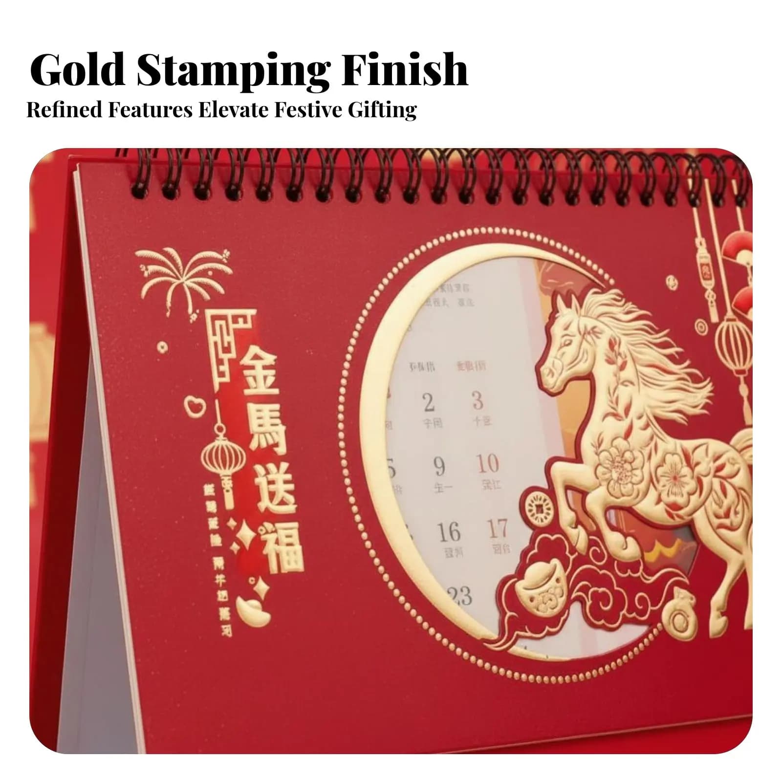 Calendario da Tavolo Cinese Anno del Cavallo 2026, Planner Mensile Inciso in Oro, Quaderno Personalizzabile con Spirale