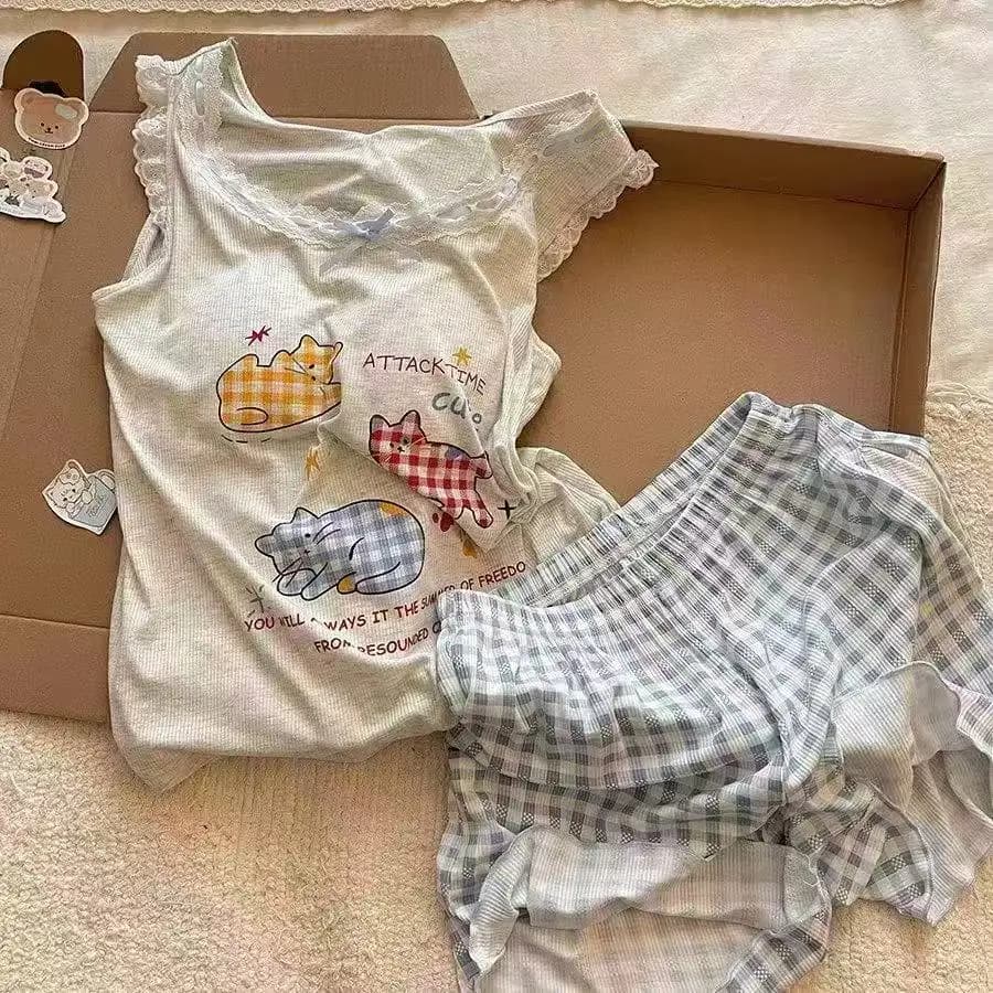Summer New Women's Vest with Chest Cushion, Pajamas, Home Suit Set, Cartoon Lace Lace Vest, Shorts, Pajamas, Home Suit Set