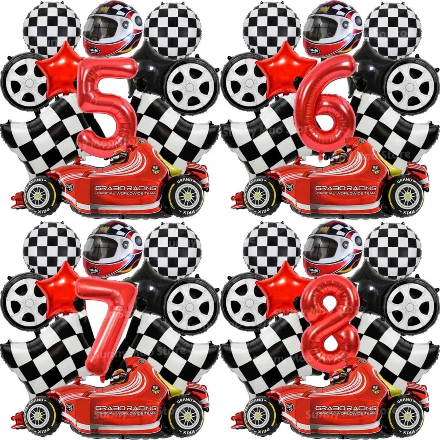 Set di 11 Palloncini a Tema Auto da Corsa con Bandiera a Scacchi, Casco da Moto e Pneumatici in Foil per Feste di Compleanno e Baby Shower