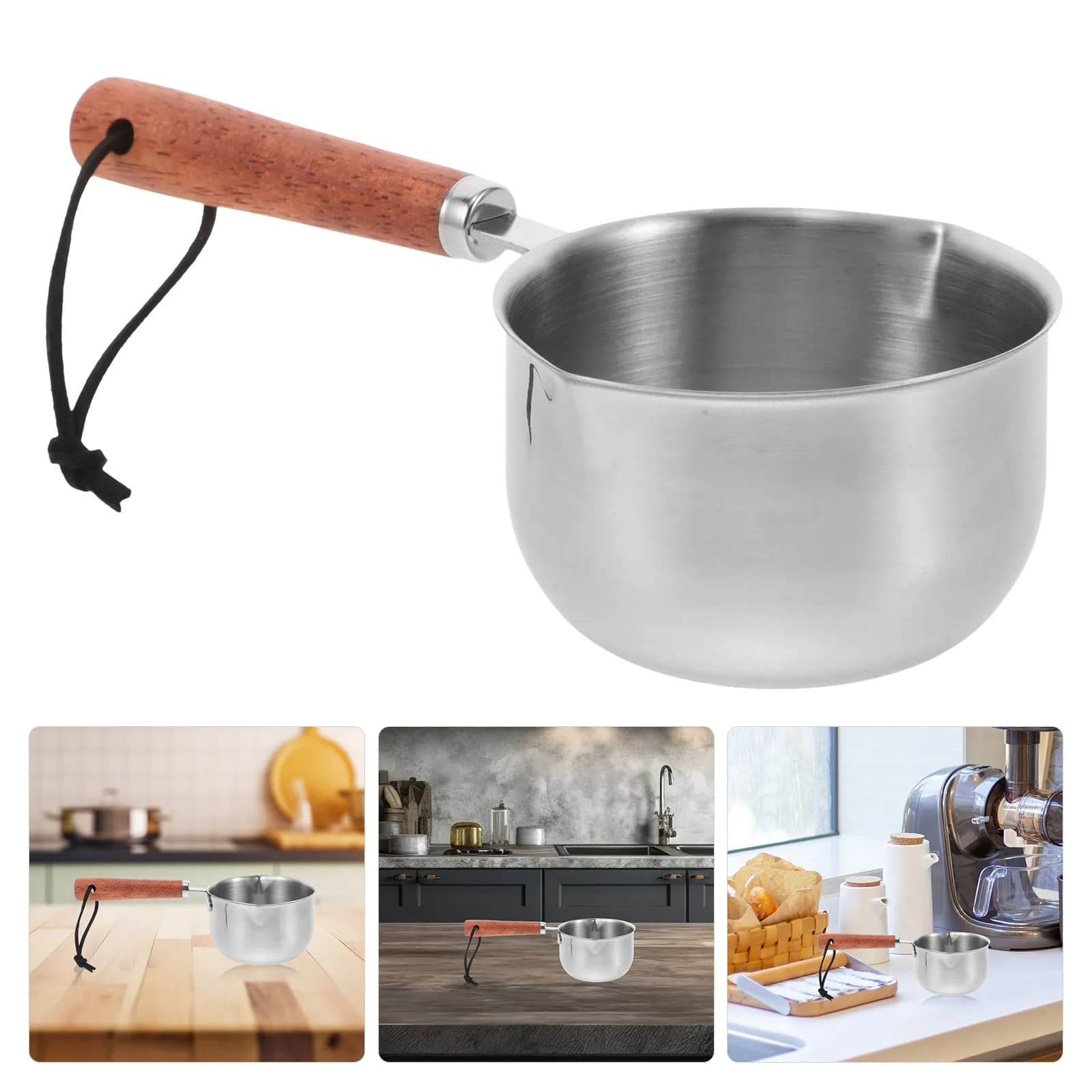 Mini Pentola in Acciaio Inox da 200ml per Latte, Burro, Zuppa, Porridge, Noodles con Manico in Legno e Doppio Beccuccio Antiaderente