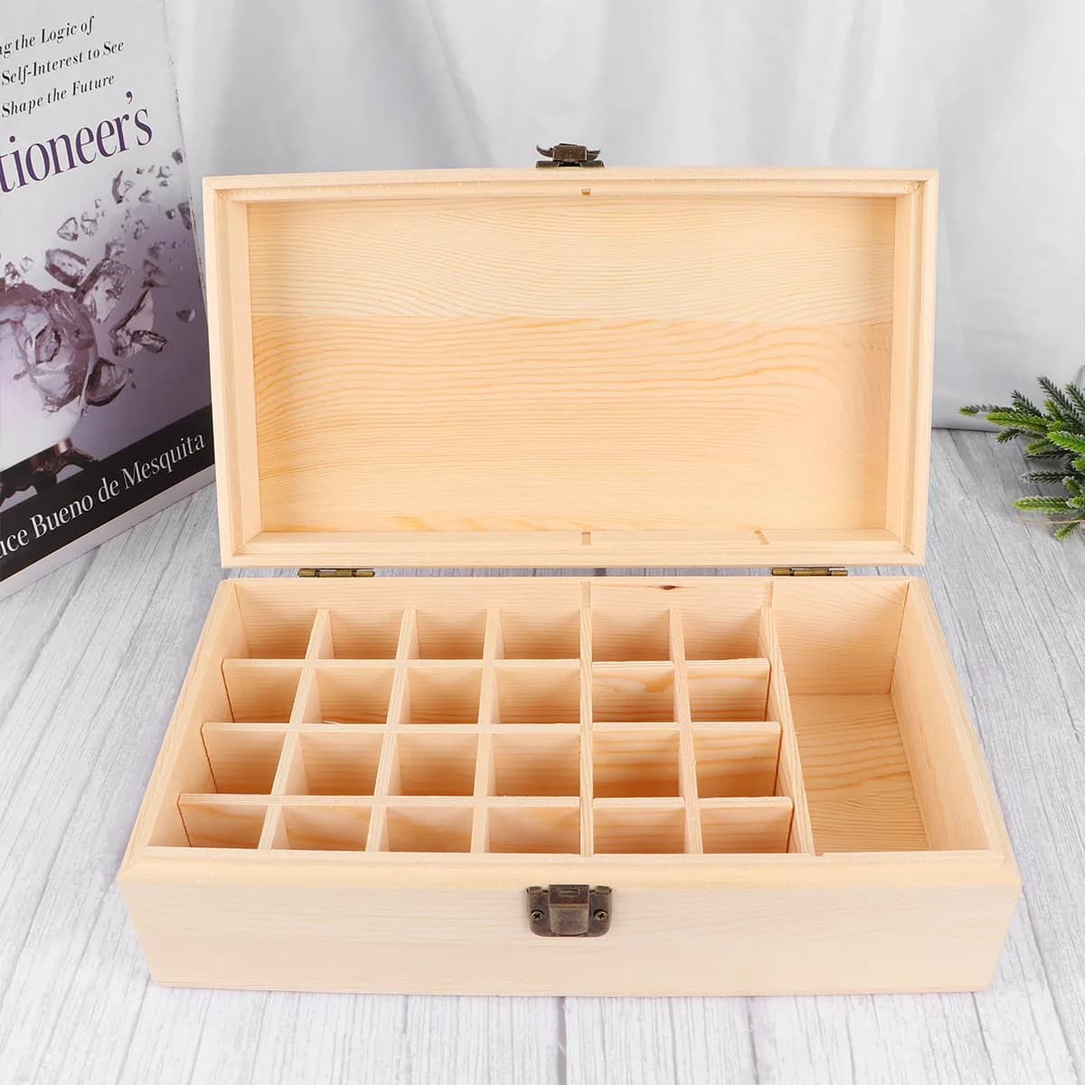 Organizer in Pine Wood at 25 Parts for Essential Oils, Aromatherapy, Skincare, Perfume - Elegant Desk Container for Organisation and Control of Space