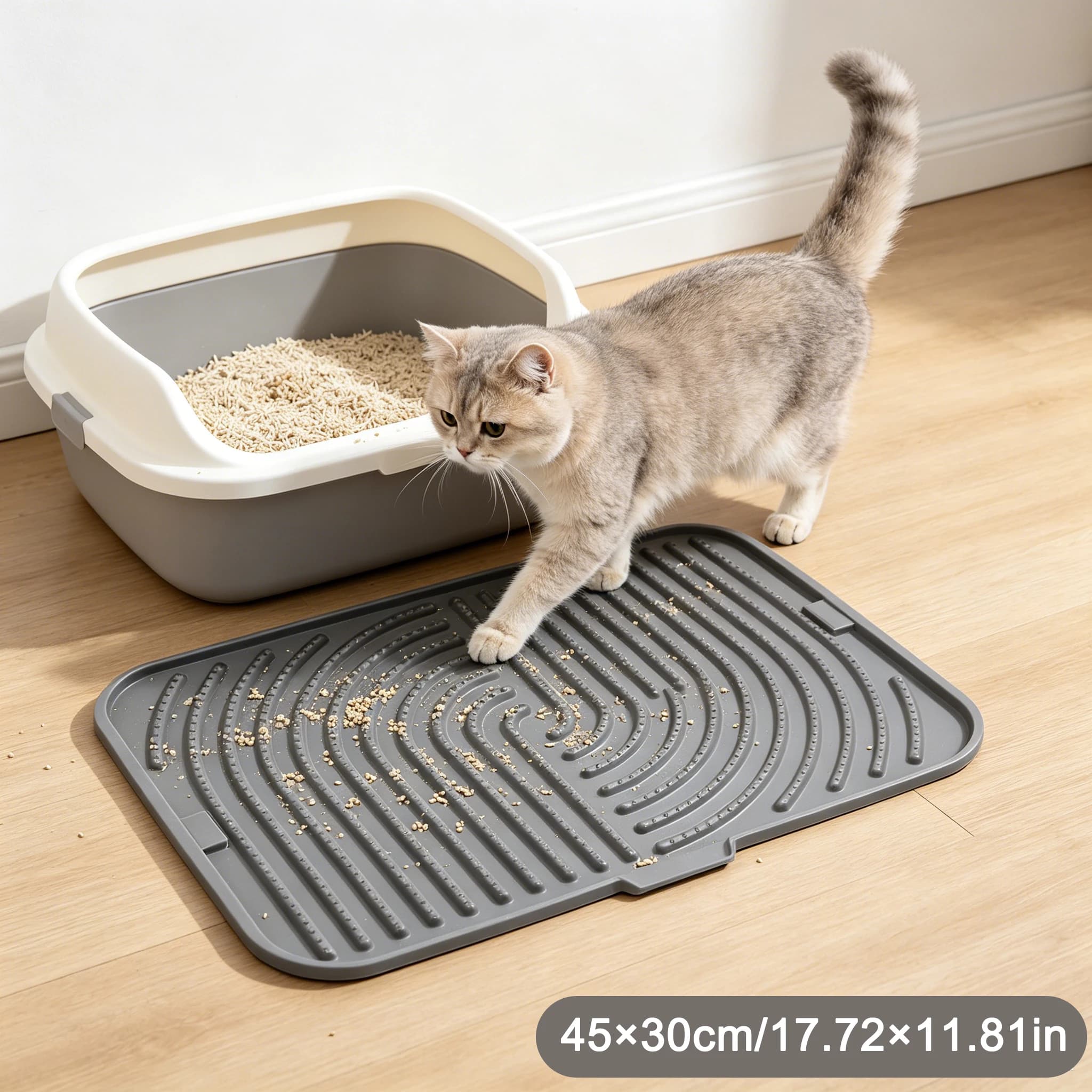 Silicone Cat Litter Mat, 45×30cm/17.72×11.81in, Food-Grade Waterproof Non-Slip Mat for Cat Litter Box, Black/Gray/Beige