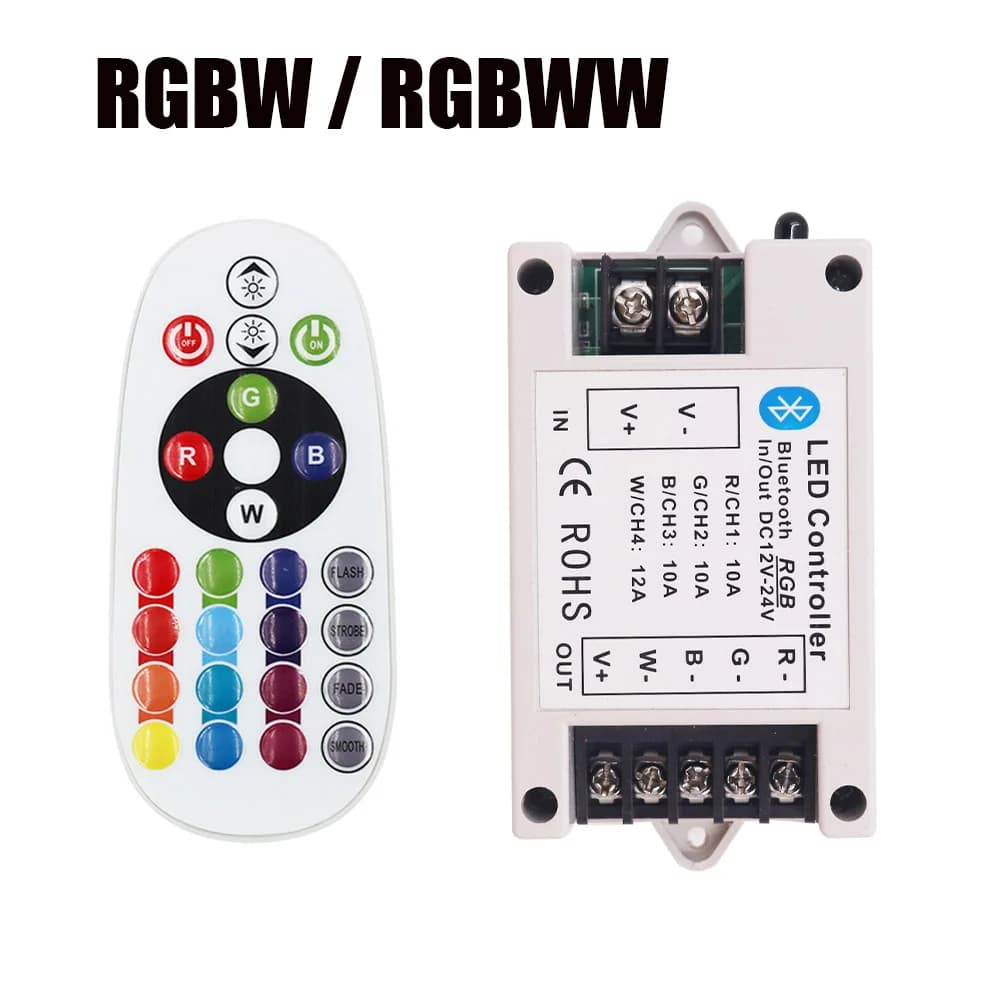 Controller dimmer per strisce LED DC 12-24V wireless Bluetooth RGBW/RGBWW con telecomando IR a 24 tasti