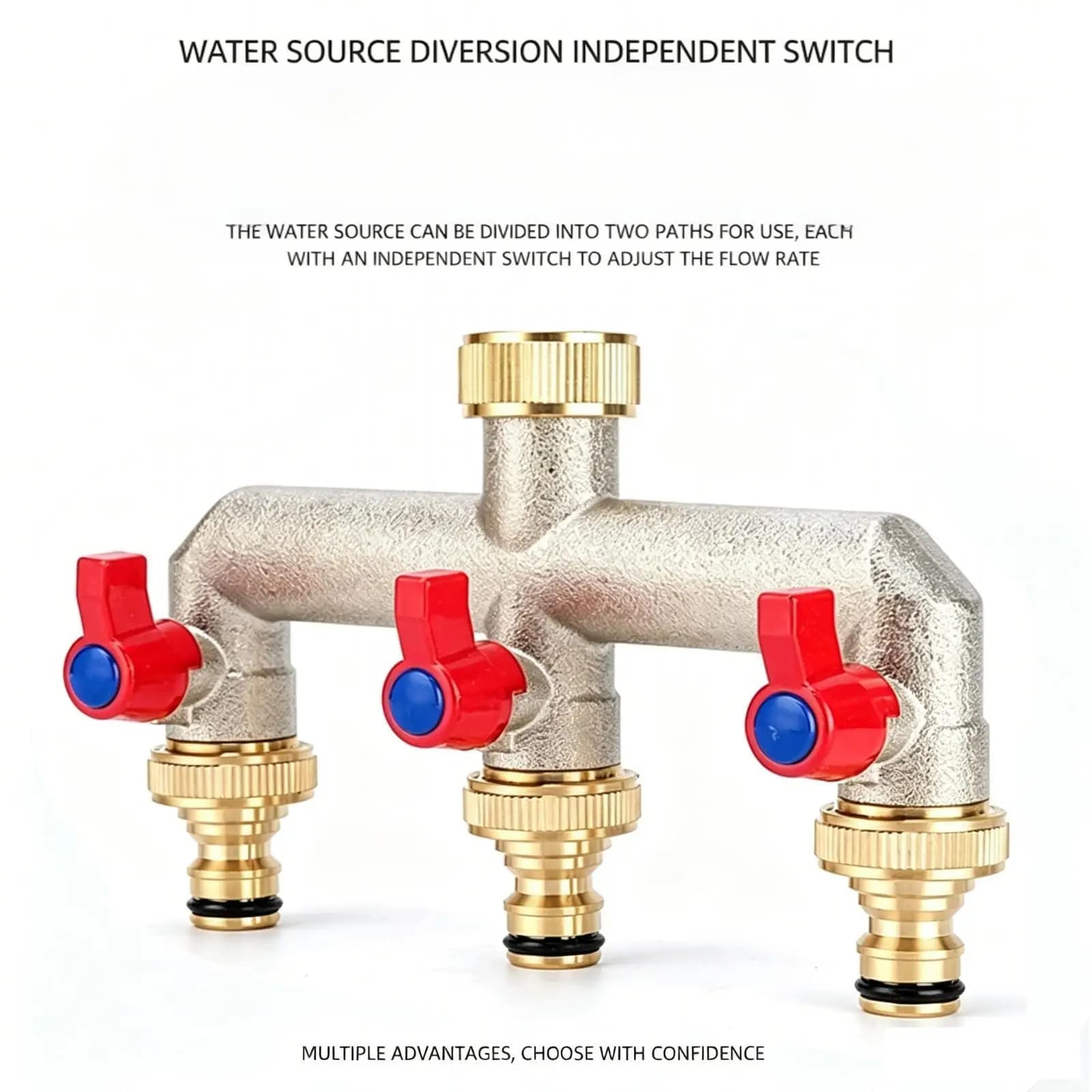 Brass Garden Hose Splitter with Extension Handle, Water Spigot Splitter, 3/4" Brass Hose Tap, Connector, 3 Way for Home Watering