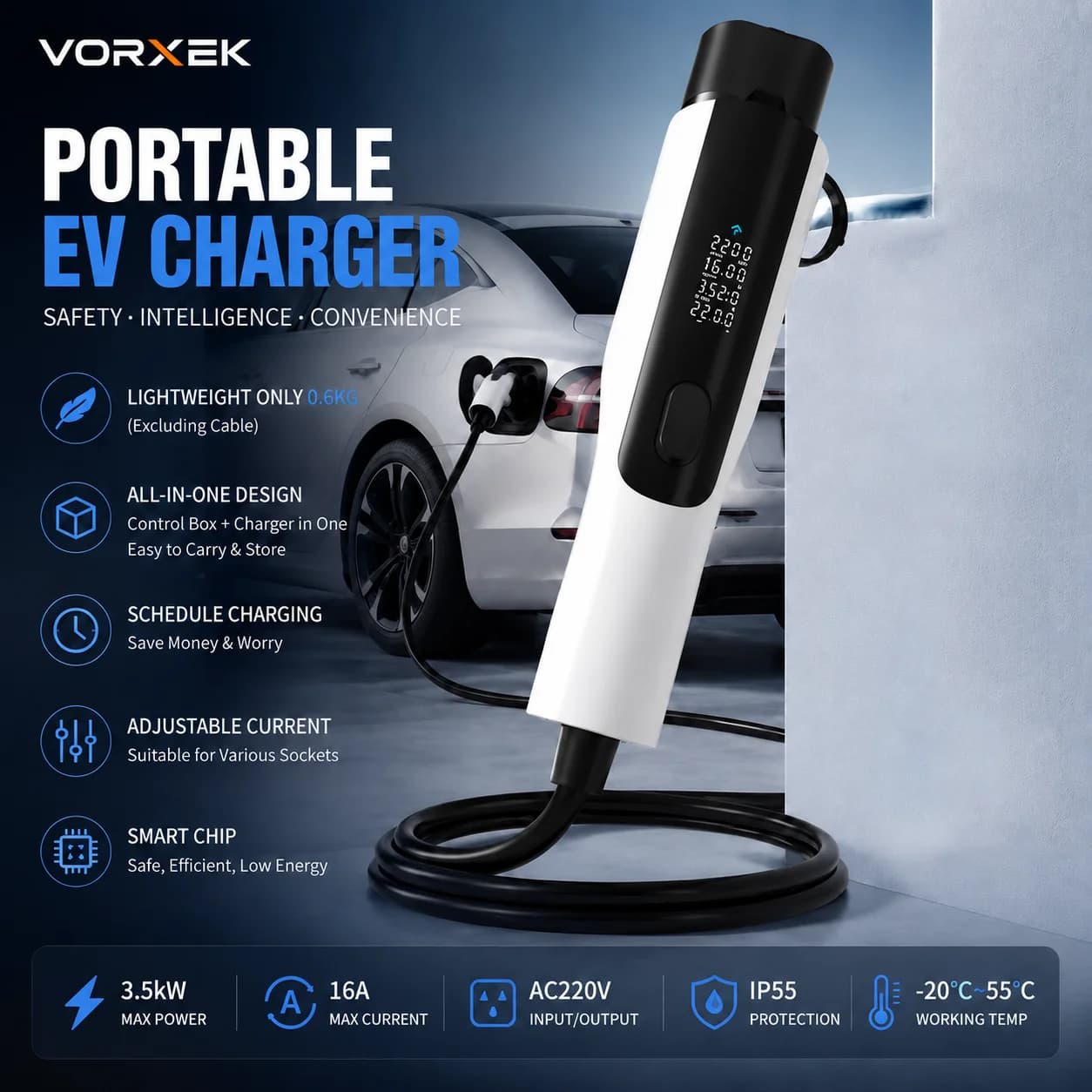 VORXEK Type 2 Portable EV Charger for Tesla Model 3 Geely Geometry C 16A 32A 3.5kW 7kW 11kW APP Control EVSE