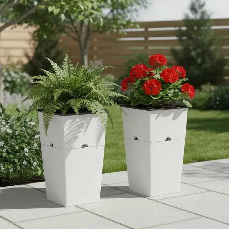 Set di 2 Fioriere Alte, Grandi Fioriere da Esterno da 30 Pollici per Piante da Interno ed Esterno, Vasi Moderni in Plastica per Portico con Ruote, Vaso Interno e Fori di Drenaggio per Patio, Giardino, Bianco