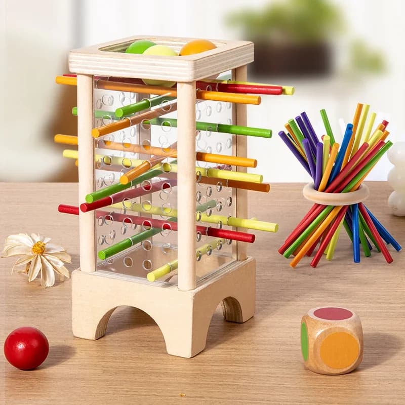 Gioco da Tavolo in Legno per Interazione Genitore-Figlio, Giocattolo in Legno con Cilindro Acrilico a 4 Lati per Raccogliere Bastoncini