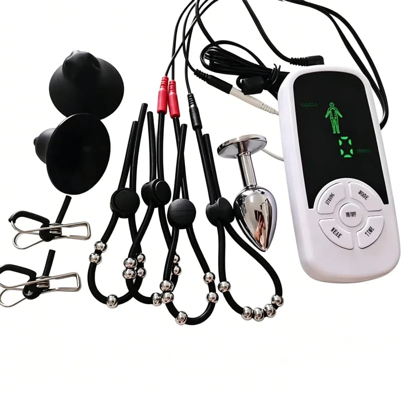 Penis Trainer Silicone Cock Rings Testis Massage Metal Anal Plug Nipples Clips Breast Sucker 6 Modes Electric Shock Sex Toys Men