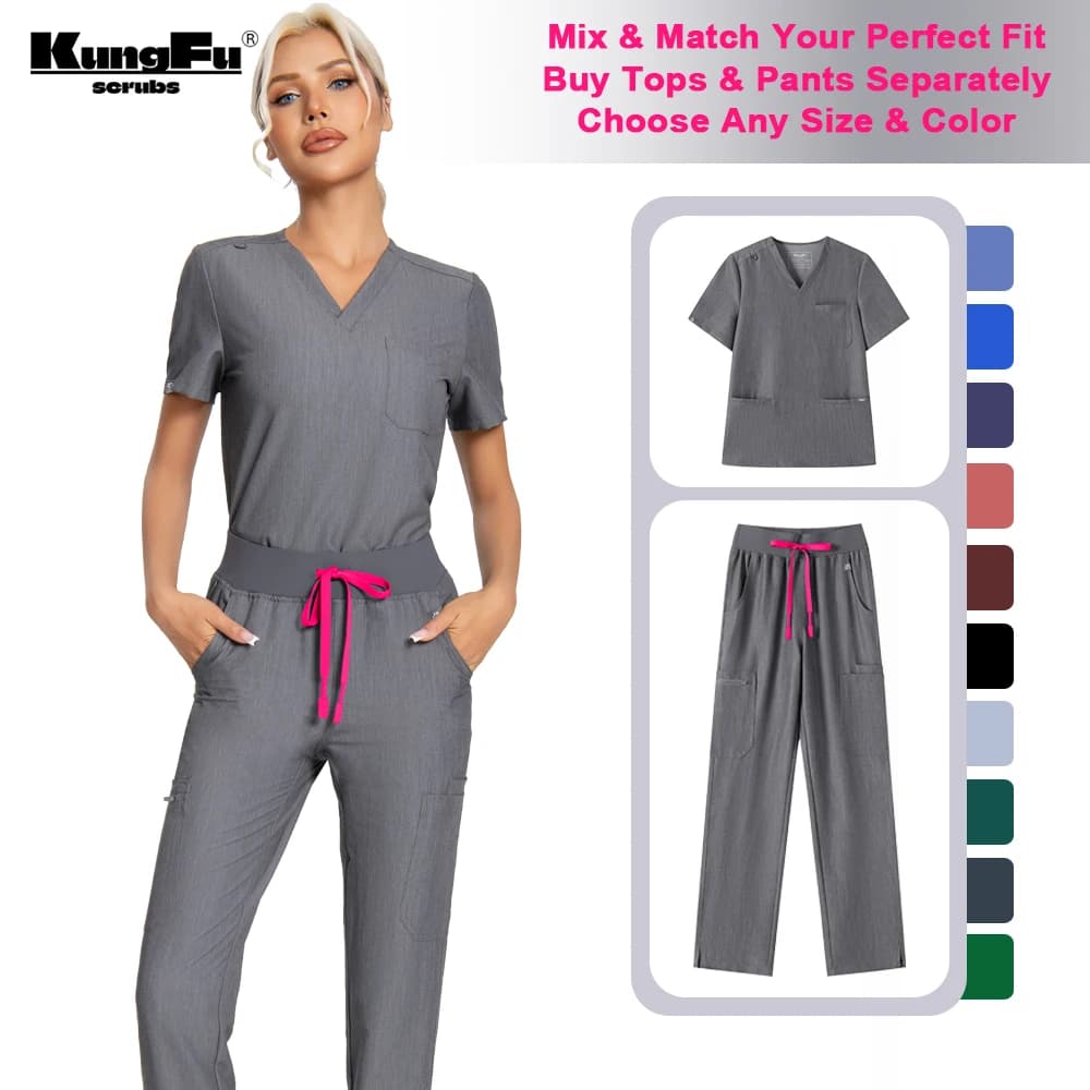 KUNGFU SCRUBS Women Nurse Scrubs Medical Uniform Top Antibacterial Soft Wrinkle-resistant Waterproof T-shirt Pencil Pants