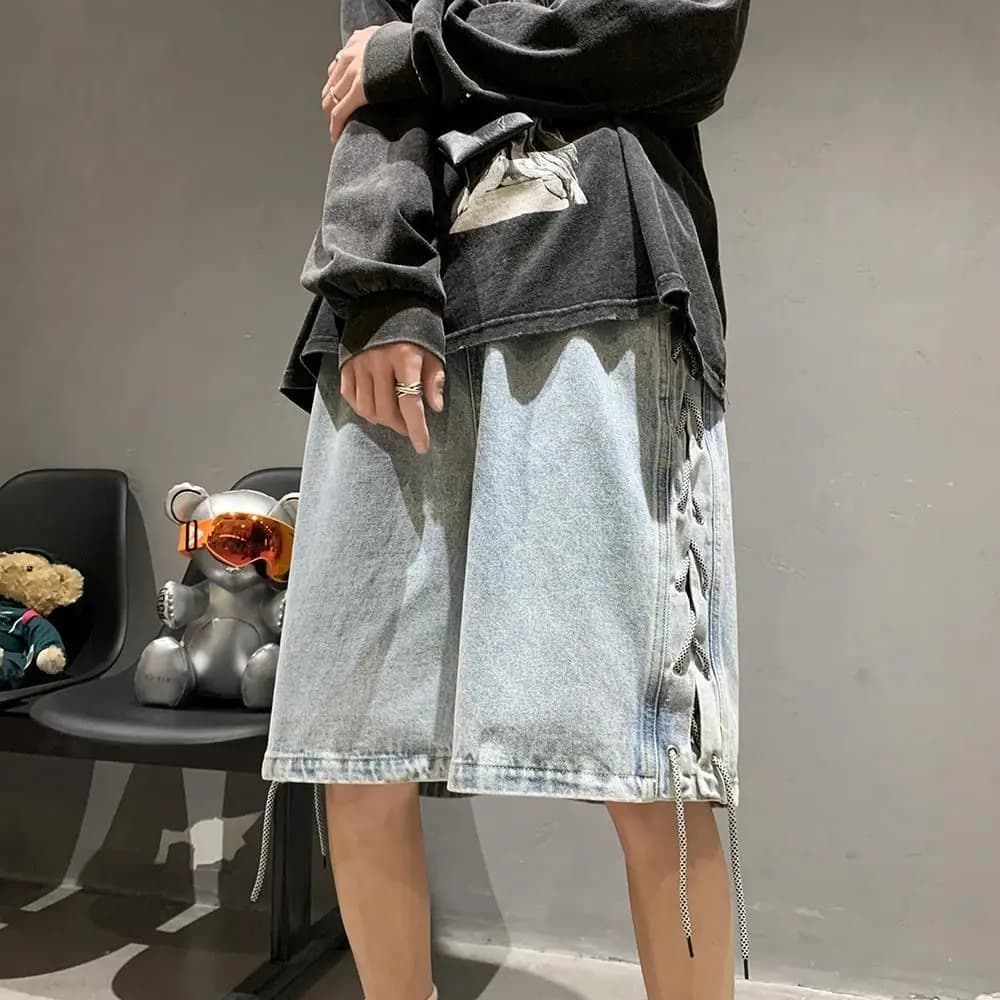 Men's Mid Male Wide jeans shorts Korean Fashion Popular cutting Jorts Y2k Sale New in streetwear Short jeans pants for rough men in difficulty