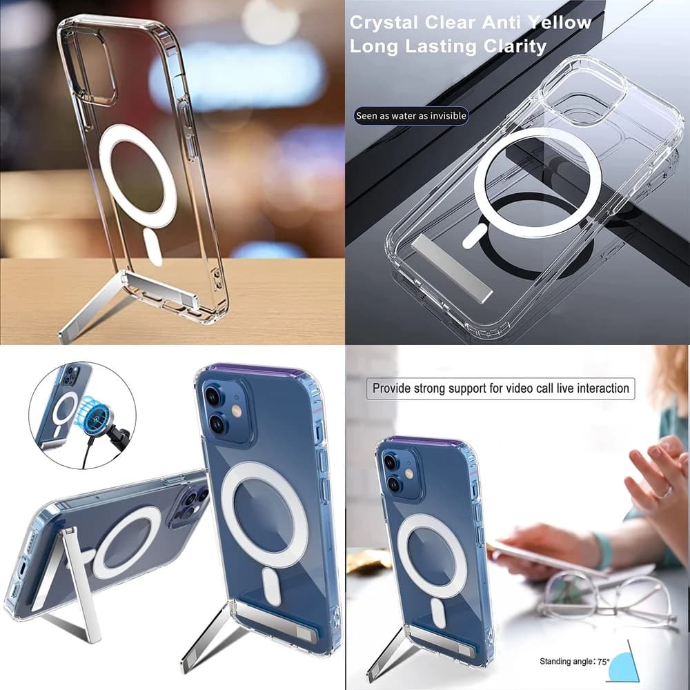 Magnetic Transparent Phone Case with Kickstand for iPhone 15 14 13 12 Plus 11 16 Pro Max 17 Air, Sublimation Mobile Covers