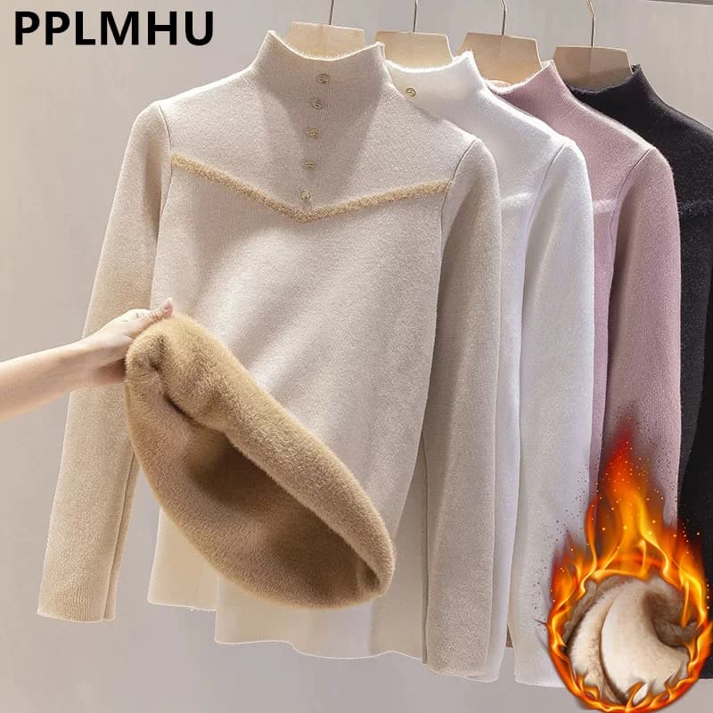 Maglione invernale da donna a collo alto con fodera in peluche, casual, addensato, caldo, top in maglia, pullover sottile, morbido e maglione in maglia di velluto