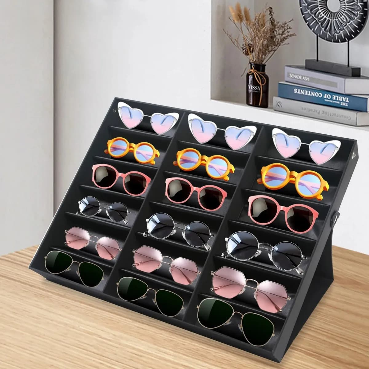 [Organizzatore per occhiali da sole a 18 slot] Vetrina per occhiali da sole a 18 slot per il negozio di casa Conservazione degli occhiali Prevenzione dei graffi Disposizione ordinata