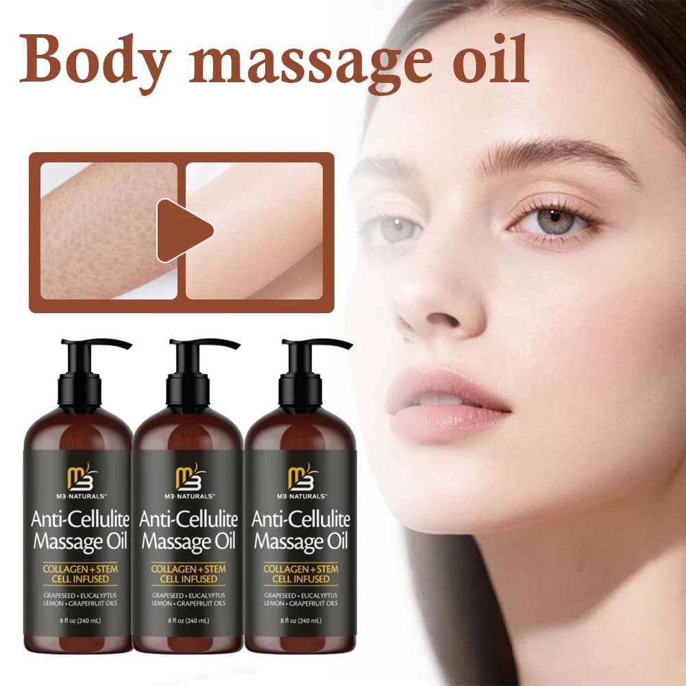 Anti-Cellulite M3 Naturals 240ml Massage Oil – Enriched with Collagen and Staminal Cells, Rassoda and Toning Skin, Oil Nutrient Body Background