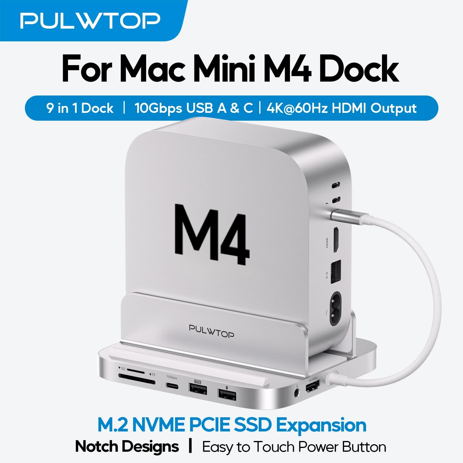 PULWTOP Hub USB-C verticale in alluminio 9 in 1 per supporto hub Mac Mini M4 Pro, 2xUSB-A 2.0, audio da 3,5 mm, SD/TF (SSD NON incluso)