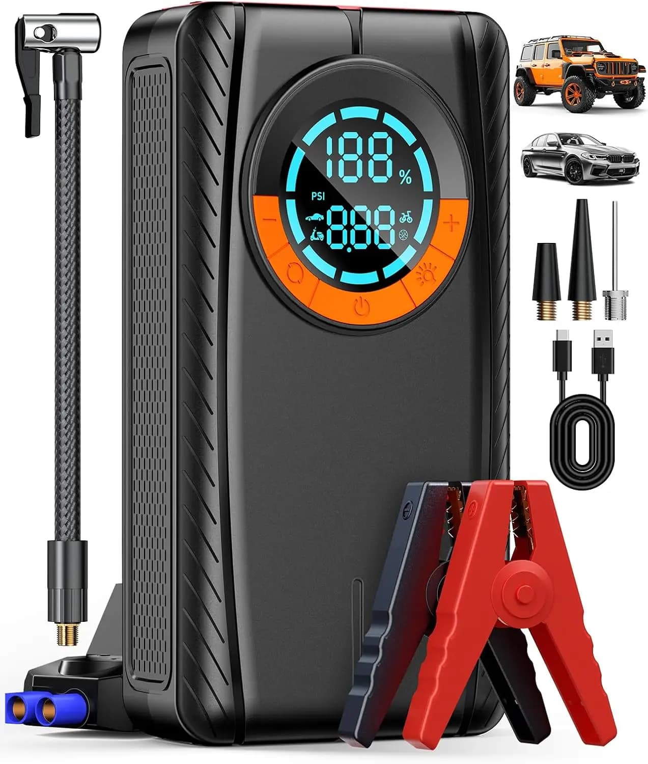 Avviatore portatile per auto con compressore d'aria, ponticello batteria 12V per motori a gas/diesel, gonfiatore per pneumatici e luce LED inclusa