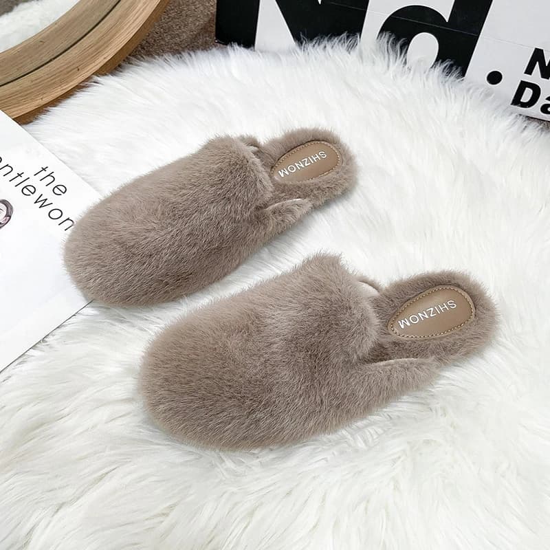 Round Toe Fluffy Fur Slipper Woman Thick Plush Mule Shoes Ladies Fashion Slip-on Outdoor Pantuflas Winter Warm Flat Cotton Slide