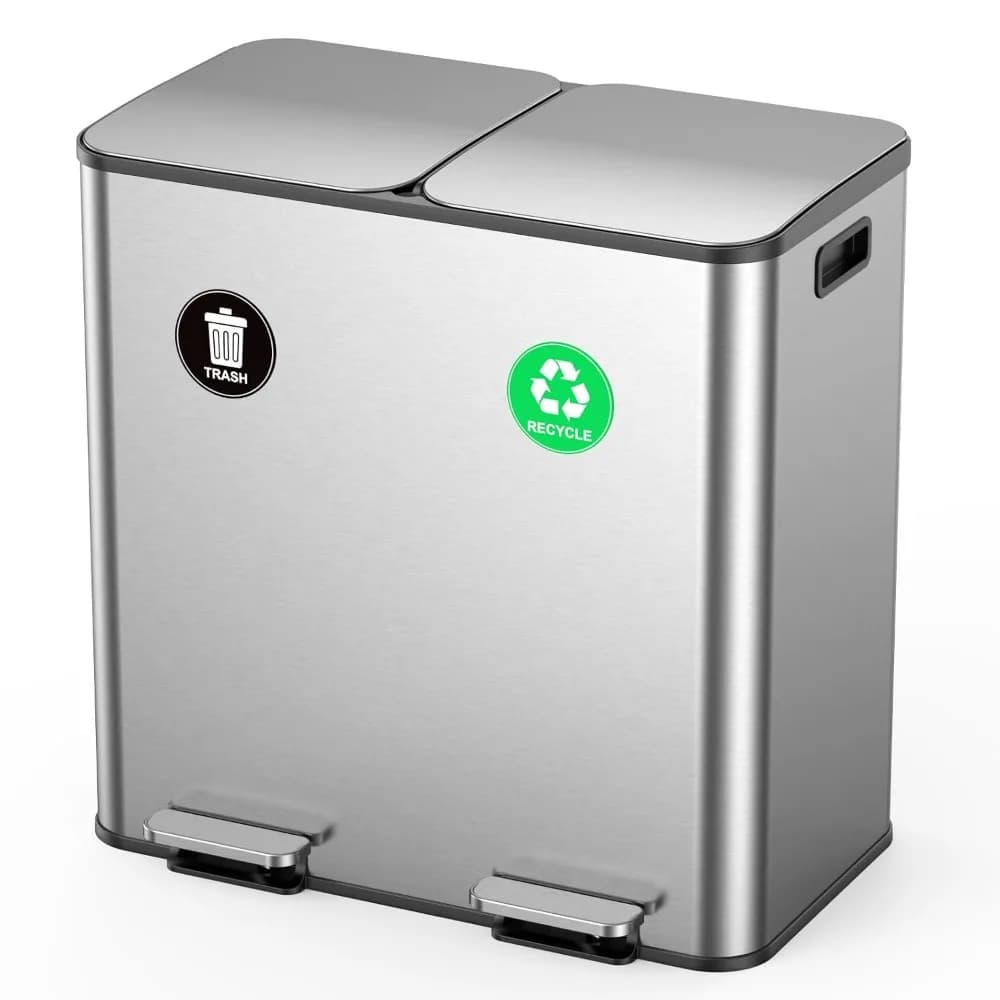 Dual Trash Recycling Kitchen Bins 11 Gallon Each Stainless Steel Step On Garbage Can Quiet Close Pet Proof 13 Gallon Bags Silver