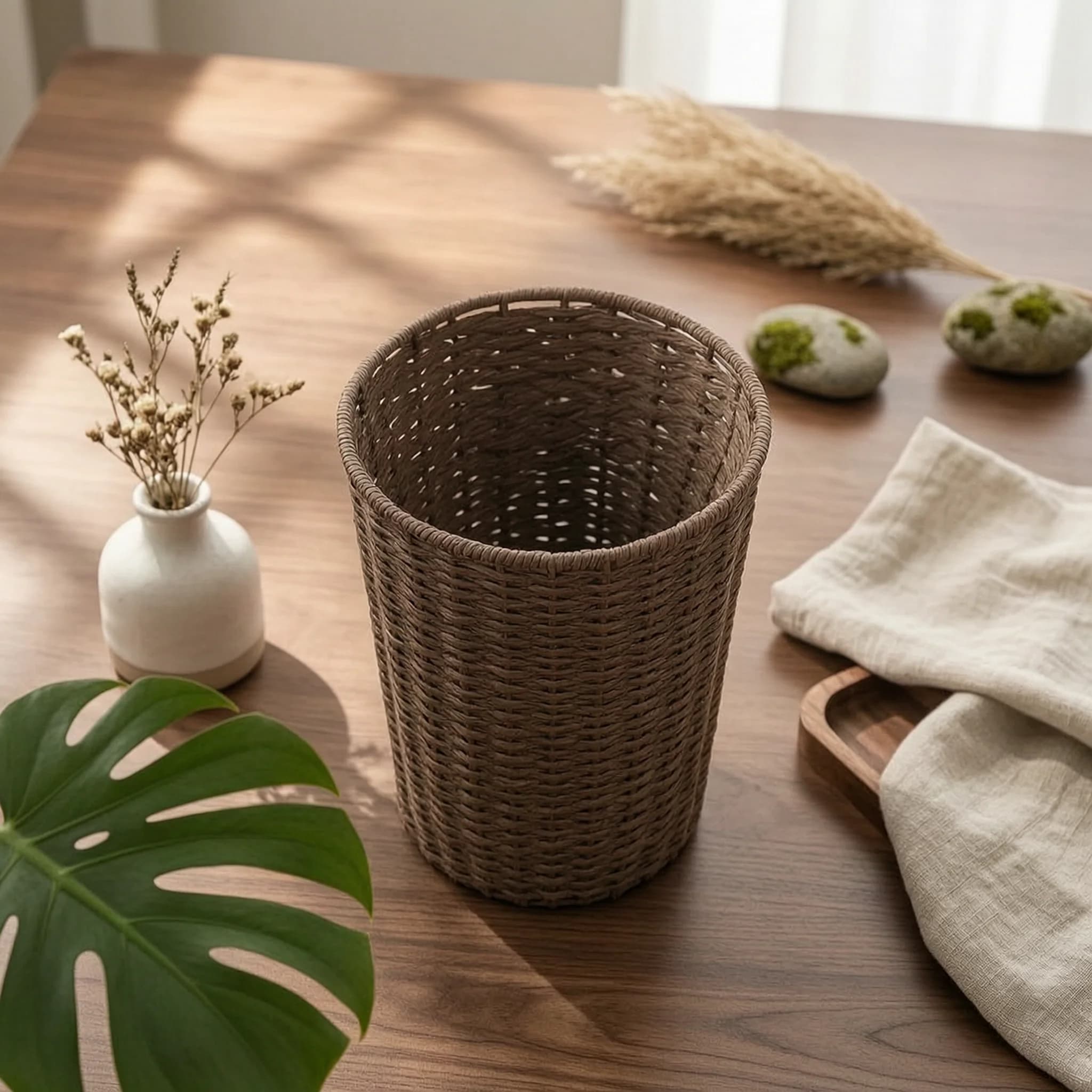 Paper Rope Waste Basket Textured Weave Desktop Storage Basket Office Tidy Open Top Brown