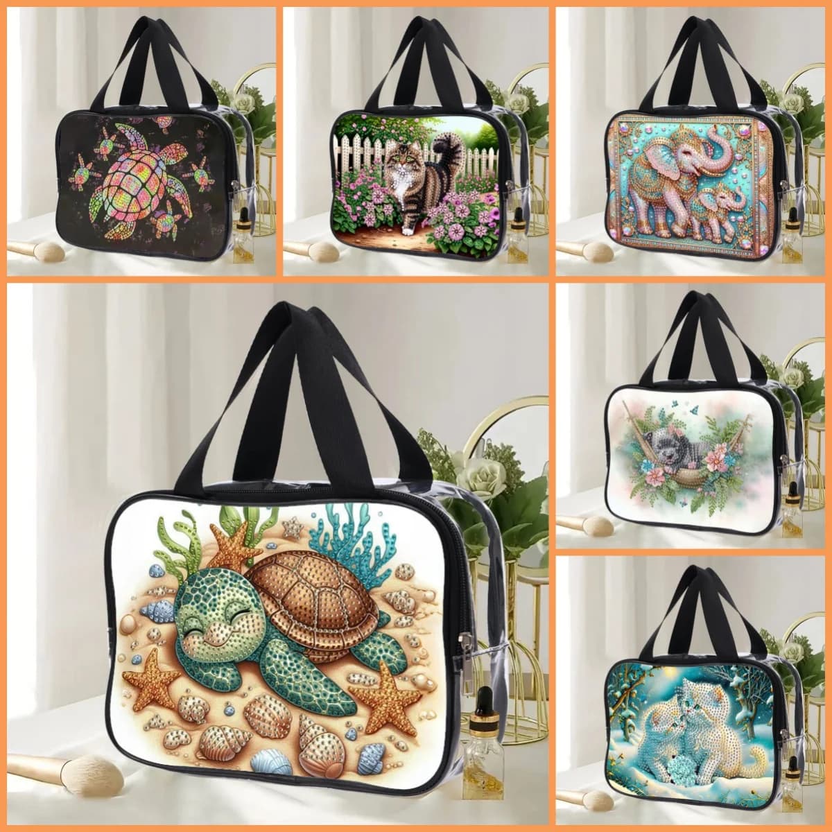 1 bag for portable cosmetics with PVC material zipper with round animal diamond with DIY diamond painting